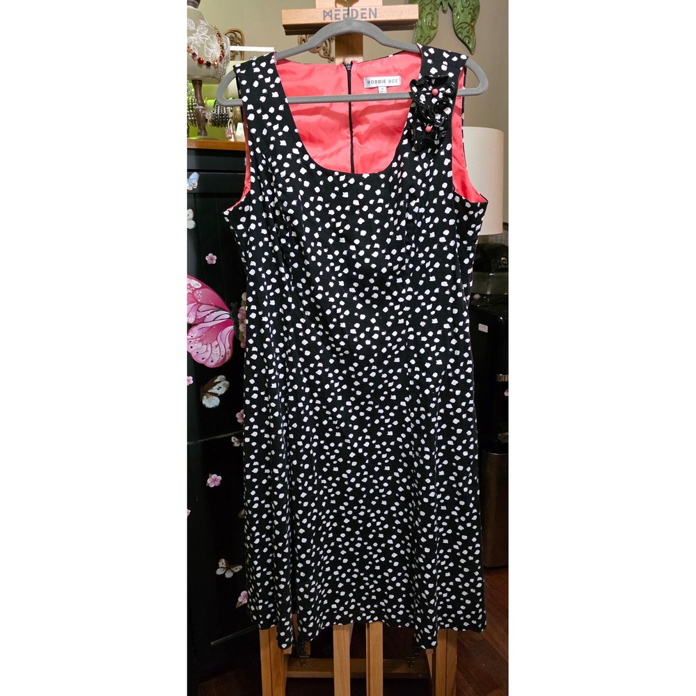 Robbie Bee Black White Polka Dot Floral Sheath Dress Sz 16 Sleeveless Cotton